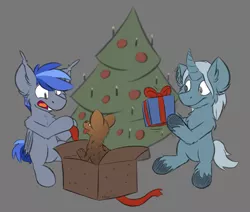 Size: 2589x2199 | Tagged: safe, artist:moemneop, derpibooru import, oc, oc:prince rigel, unofficial characters only, bat pony, hyena, pony, christmas, christmas tree, gray background, holiday, male, present, simple background, stallion, tree