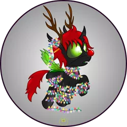 Size: 5000x5000 | Tagged: artist:lakword, changeling, christmas, christmas changeling, christmas lights, derpibooru import, green changeling, holiday, oc, oc:crypto, red nose, rudolph the red nosed reindeer, safe, silly, solo, surprised, tangled up