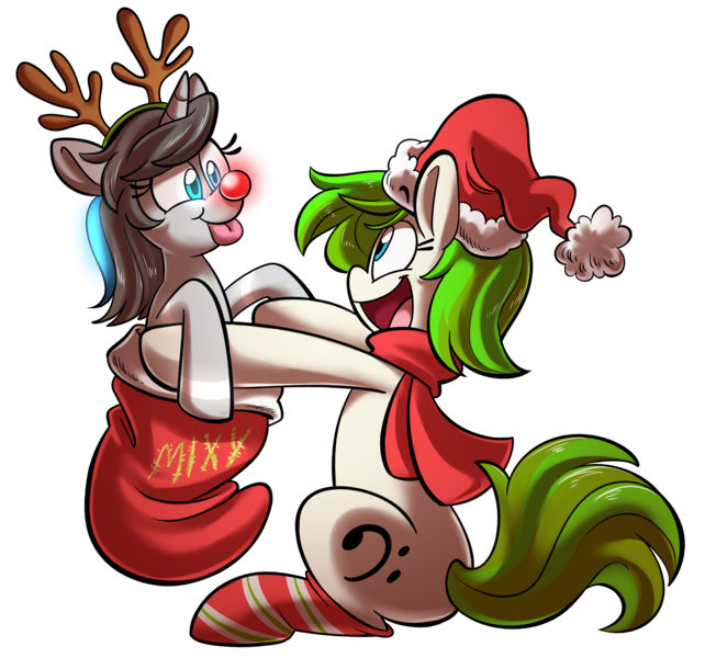 Size: 2708x2532 | Tagged: safe, artist:rainybleuu, derpibooru import, oc, oc:c1t0-b0r, oc:vinyl mix, unofficial characters only, pony, robot, robot pony, unicorn, antlers, christmas, christmas stocking, citomix, clothes, couple, female, glow, happy, hat, holiday, lesbian, oc x oc, reindeer antlers, scarf, shipping, simple background, socks, striped socks, tongue out, transparent background