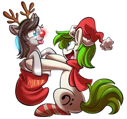 Size: 2708x2532 | Tagged: safe, artist:rainybleuu, derpibooru import, oc, oc:c1t0-b0r, oc:vinyl mix, unofficial characters only, pony, robot, robot pony, unicorn, antlers, christmas, christmas stocking, citomix, clothes, couple, female, glow, happy, hat, holiday, lesbian, oc x oc, reindeer antlers, scarf, shipping, simple background, socks, striped socks, tongue out, transparent background