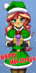 Size: 700x1414 | Tagged: safe, artist:johnjoseco, derpibooru import, sunset shimmer, ask gaming princess luna, equestria girls, bell, bell collar, blushing, christmas, clothes, collar, costume, cute, gift wrapped, happy holidays, hat, holiday, lidded eyes, looking at you, santa costume, santa hat, shimmerbetes, smiling, snow, snowfall, solo