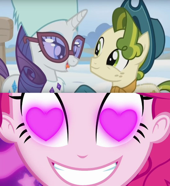 Size: 828x906 | Tagged: safe, derpibooru import, edit, edited screencap, screencap, pinkie pie, pistachio, rarity, pony, unicorn, best gift ever, coinky-dink world, eqg summertime shorts, equestria girls, female, heart eyes, male, meme, pinkie's eyes, raristachio, shipping, straight, wingding eyes