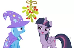 Size: 1156x756 | Tagged: safe, derpibooru import, mean twilight sparkle, trixie, twilight sparkle, alicorn, pony, unicorn, the mean 6, christmas, female, heart, holiday, lesbian, mare, mean twixie, mistleholly, shipping, simple background, twixie, white background