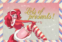 Size: 3103x2134 | Tagged: anthro, artist:traupa, big breasts, blushing, breasts, busty pinkie pie, candy, candy cane, christmas, chromatic aberration, clothes, costume, cute, derpibooru import, evening gloves, food, gloves, hat, holiday, long gloves, pinkie pie, postcard, santa costume, santa hat, schrödinger's pantsu, sexy, socks, solo, stockings, striped socks, suggestive, thigh highs, thighs, unguligrade anthro