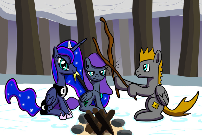 Size: 2048x1365 | Tagged: alicorn, artist:platinumdrop, campfire, derpibooru import, female, male, mare, oc, oc:emerald bolt, oc:platinumdrop, pegasus, princess luna, safe, snow, stallion, stick, winter