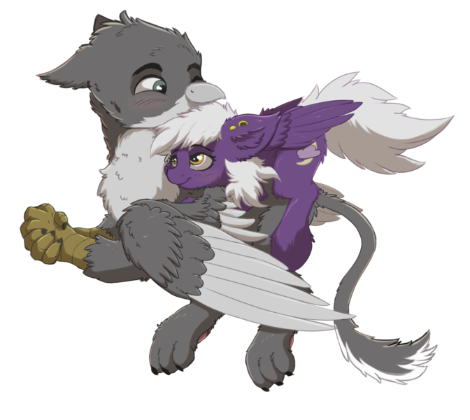 Size: 1378x1231 | Tagged: safe, artist:nighty, derpibooru import, oc, oc:nighty cloud, unofficial characters only, gryphon, pegasus, pony, 2020 community collab, derpibooru community collaboration, blushing, cheek fluff, chest fluff, ear fluff, ear piercing, female, fluffy, flying, hand, male, oc x oc, paws, piercing, shipping, simple background, smiling, straight, transparent background, wings