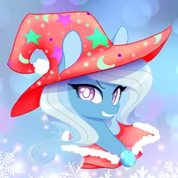 Size: 554x554 | Tagged: source needed, safe, artist:lolopan, derpibooru import, edit, trixie, pony, unicorn, bust, christmas, cute, diatrixes, female, grin, hat, holiday, mare, portrait, smiling, solo