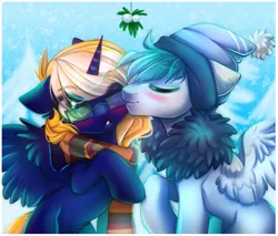 Size: 800x682 | Tagged: alicorn, alicorn oc, artist:cabbage-arts, beanie, christmas, clothes, commission, derpibooru import, female, glasses, hat, holiday, horn, male, mistletoe, oc, oc:scirocco seaspray, oc:time vortex (th3bluerose), oc x oc, pegasus, pegasus oc, safe, scarf, shipping, straight, timocco, unofficial characters only, wings, ych result
