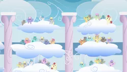 Size: 2880x1620 | Tagged: safe, derpibooru import, screencap, cloud kicker, cool star, cream tangerine, derpy hooves, dizzy twister, lightning bolt, merry may, orange swirl, parasol, rainbowshine, sassaflash, spring melody, sprinkle medley, starburst (character), sunshower raindrops, white lightning, wing wishes, pegasus, pony, sonic rainboom (episode), audience, background pony, background pony audience, cloud, cloudiseum, female, looking up, male, mare, multeity, sitting, spread wings, stallion, stands, wings