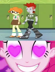 Size: 1846x2400 | Tagged: safe, derpibooru import, edit, edited screencap, screencap, crimson napalm, pinkie pie, scribble dee, coinky-dink world, eqg summertime shorts, equestria girls, equestria girls series, exploitable meme, glasses, heart eyes, meme, mowhawk, necktie, scribblenapalm, shipping, shipping domino, wingding eyes, wristband