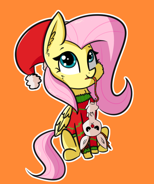 Size: 1326x1586 | Tagged: safe, artist:artiks, derpibooru import, angel bunny, fluttershy, pegasus, pony, angel is not amused, antlers, cheek fluff, christmas, christmas sweater, clothes, cute, ear fluff, female, hat, holiday, mare, neck fluff, orange background, reindeer antlers, santa hat, shyabetes, simple background, sweater