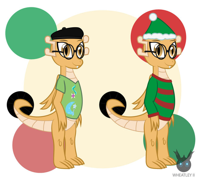 Size: 1385x1257 | Tagged: artist:wheatley r.h., beret, christmas, clothes, cutie mark, cutie mark on clothes, derpibooru import, dragon, dragon oc, female, glasses, happy, hat, holiday, melody the dragoness, oc, oc:myoozik the dragon, rule 63, safe, shirt, simple background, solo, sweater, unofficial characters only, vector, watermark