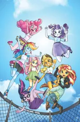 Size: 1186x1800 | Tagged: safe, artist:pencils, derpibooru import, edit, editor:rmzero, idw, applejack, fluttershy, pinkie pie, rainbow dash, rarity, sci-twi, sunset shimmer, twilight sparkle, equestria girls, spoiler:comic, armpits, boots, clothes, cloud, comic cover, converse, cute, dress, humane five, humane seven, humane six, jumping, leather, leather boots, march radness, pantyhose, ribbon sandals, shoes, skirt, sky, sneakers, sun, tanktop, tights, trampoline
