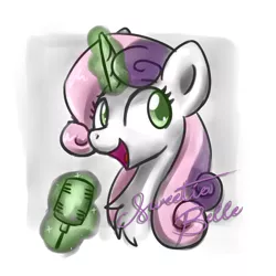 Size: 2048x2048 | Tagged: safe, artist:sugar morning, derpibooru import, sweetie belle, pony, unicorn, bust, chest fluff, colored pupils, doodle, female, high res, magic, magic aura, mare, microphone, older, older sweetie belle, portrait, simple background, singing, sketch, solo, text, white background