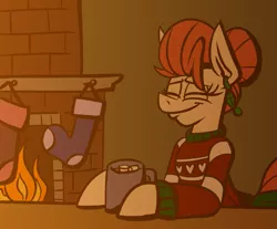 Size: 1245x1032 | Tagged: artist:cowsrtasty, chocolate, christmas, christmas stocking, christmas sweater, clothes, derpibooru import, fireplace, food, holiday, hot chocolate, mug, oc, oc:penny inkwell, safe, socks, solo, stockings, sweater, thigh highs