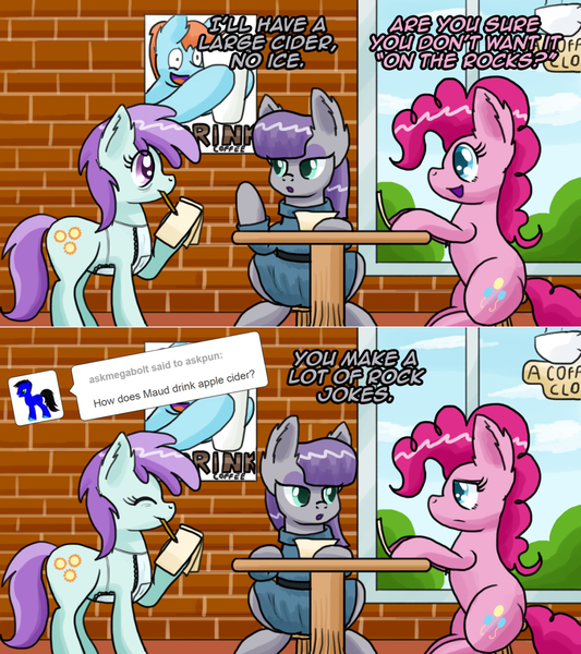 Size: 1280x1442 | Tagged: safe, artist:clouddg, derpibooru import, maud pie, pinkie pie, oc, oc:sunshine morning, earth pony, pony, ask pun, apron, ask, clothes, female, mare, mouth hold, poster, pun