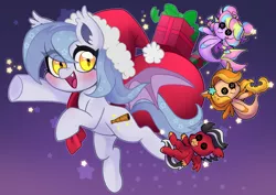 Size: 3507x2481 | Tagged: safe, artist:techycutie, derpibooru import, oc, oc:assateagues phoenix, oc:roaring thunder, oc:saltwater taffy, unofficial characters only, hippogriff, pony, bag, bow, braid, button eyes, christmas, clothes, costume, female, group shot, hat, holiday, male, mascot, plushie, present, sack, santa costume, santa hat, seaquestriafest, stars