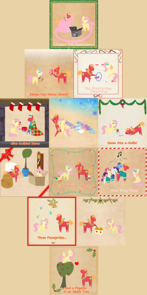 Size: 3000x6000 | Tagged: safe, anonymous artist, derpibooru import, big macintosh, fluttershy, rarity, smarty pants, toe-tapper, torch song, parasprite, pony, prairie dog, sheep, series:12 days of hearth's warming, series:fm holidays, 12 days of christmas, :t, ><, ^^, apple, apple tree, bag, basket, bell, big eyes, big macintosh is not amused, bipedal, blanket, blush sticker, blushing, book, border, box, butt, candy, candy cane, cardboard box, christmas, christmas lights, christmas stocking, christmas wreath, cider, clothes, dexterous hooves, dice, eyes closed, fake horn, female, fireplace, floating, floating heart, flutterbutt, fluttermac, food, garland, glowing horn, grandfather clock, grin, happy, hat, heart, hearth's warming, hiding, holiday, holly, hoof hold, hoop, horn, impossibly long tail, jug, knitting, knitting needles, laughing, laundry basket, lidded eyes, looking at each other, looking at you, looking away, looking back, looking down, looking up, male, mistletoe, mittens, music notes, nervous, nervous grin, open mouth, outstretched arms, plot, pointy ponies, ponytones outfit, prancing, pushing, ribbon, santa hat, scarf, shipping, singing, sitting, smiling, snickering, snow, snowflake, socks, spruce, straight, sweat, sweatdrop, sweater, table, table cloth, tail extensions, texture, the flying prairinos, tiny ewes, toaster, toaster cozy, tree, wreath