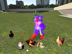 Size: 1024x768 | Tagged: safe, artist:beardeddoomguy, artist:horsesplease, artist:veryfluffy, derpibooru import, gallus, bird, chicken, gryphon, 3d, alternate design, clorox, cooked, crowing, dead, derp, gallus the rooster, gmod, hen, the horror