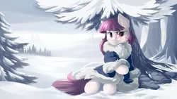 Size: 5600x3150 | Tagged: safe, artist:dreamweaverpony, derpibooru import, oc, oc:shade, unofficial characters only, earth pony, pony, absurd resolution, beautiful, clothes, coat, cold, cute, detailed background, eyelashes, female, fir tree, fluffy, forest, glasses, looking at you, mare, outdoors, red eyes, red hair, red mane, red tail, scenery, snow, solo, tree, under the tree, winter
