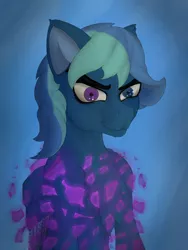 Size: 2400x3200 | Tagged: safe, artist:littlepony115, derpibooru import, oc, oc:rainflicker, pegasus, pony, abstract background, blue coat, blue mane, bust, chest fluff, commission, ear fluff, equine, heterochromia, magic, male, shoulder fluff, solo, stallion, two toned mane, two toned wings, wings