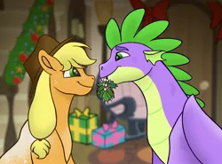 Size: 2516x1859 | Tagged: safe, artist:bellbell123, derpibooru import, applejack, spike, dragon, earth pony, pony, applespike, christmas, christmas tree, coat markings, cute, dappled, female, holiday, looking at each other, male, mare, mistletoe, mouth hold, older, older spike, present, profile, shipping, straight, tree, winged spike