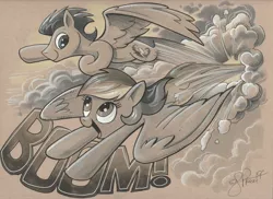 Size: 3508x2552 | Tagged: safe, artist:andypriceart, derpibooru import, rainbow dash, soarin', pegasus, pony, backwards cutie mark, cloud, colored pencil drawing, female, flying, grayscale, male, mare, marker drawing, monochrome, shipping, soarindash, stallion, straight, traditional art, wonderbolts