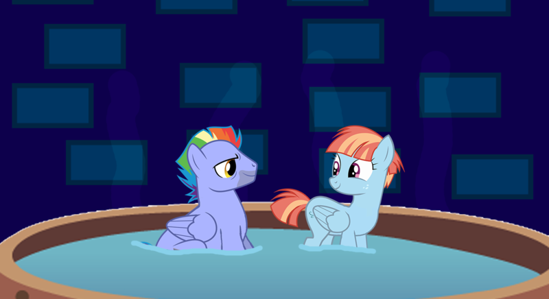 Size: 1337x728 | Tagged: accessory-less edit, artist:dashiesparkle, artist:electrochoc, artist:zigrock, bow hothoof, derpibooru import, edit, female, hot tub, husband and wife, looking at each other, male, missing accessory, safe, shipping, smiling, steam, straight, tub, vector, vector edit, windyhoof, windy whistles