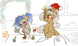 Size: 5000x3000 | Tagged: safe, artist:ruef, derpibooru import, oc, oc:mach diamond, oc:rewind, unofficial characters only, unicorn, christmas, christmas cookies, cloven hooves, cookie, duo, female, food, holiday, icing bag, interspecies offspring, mother and child, mother and daughter, offspring, parent:oc:delta dart, parent:oc:rewind, parents:oc x oc, patreon, patreon reward