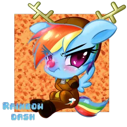 Size: 1800x1800 | Tagged: safe, artist:noisyvox, derpibooru import, rainbow dash, pegasus, pony, abstract background, animal costume, blushing, christmas, clothes, costume, crossed hooves, cute, dashabetes, eye clipping through hair, female, holiday, mare, pixiv, reindeer costume, reindeer dash, rudolph dash, rudolph the red nosed reindeer, sitting, solo, unamused