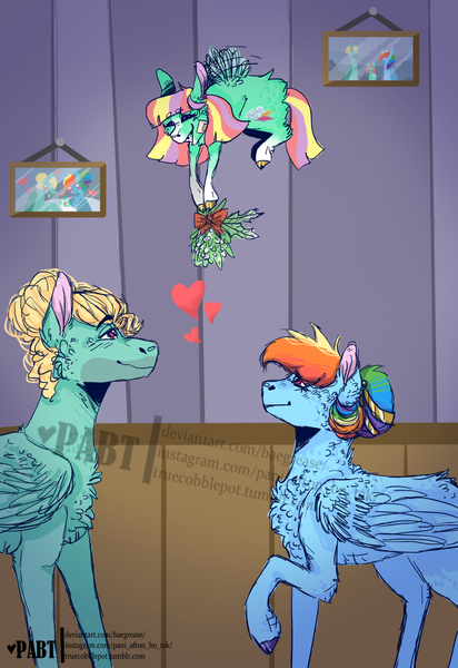 Size: 1024x1490 | Tagged: safe, artist:baegrease, derpibooru import, rainbow dash, zephyr breeze, oc, oc:ice cloud, pegasus, pony, alternate hairstyle, cheek fluff, chest fluff, christmas, cloven hooves, cute, ear fluff, eyes closed, family photo, female, filly, hair bun, heart, holiday, leg fluff, male, mare, mistletoe, offspring, parent:rainbow dash, parent:zephyr breeze, parents:zephdash, shipper on deck, shipping, smiling, stallion, straight, zephdash