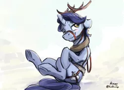 Size: 2400x1734 | Tagged: safe, artist:kam, deleted from derpibooru, derpibooru import, november rain, deer, pony, reindeer, unicorn, antlers, bedroom eyes, christmas, friendship student, harness, holiday, male, reins, snow, solo, tack