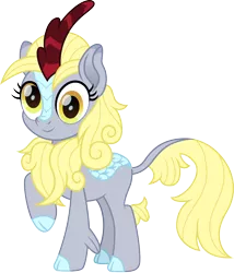 Size: 826x967 | Tagged: safe, artist:cloudyglow, derpibooru import, derpy hooves, kirin, cute, female, kirinified, quadrupedal, raised hoof, simple background, smiling, solo, species swap, transparent background, vector