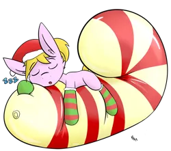 Size: 1986x1752 | Tagged: safe, artist:ponballoon, deleted from derpibooru, derpibooru import, oc, oc:lola balloon, unofficial characters only, earth pony, pony, balloon, balloon sitting, candy, candy cane, christmas, clothes, cute, female, food, hat, holiday, relaxing, santa hat, shiny, simple background, sleeping, smiling, socks, solo, striped socks, transparent background