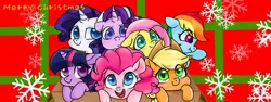 Size: 1920x720 | Tagged: safe, artist:colorfulcolor233, derpibooru import, applejack, fluttershy, pinkie pie, rainbow dash, rarity, starlight glimmer, sunset shimmer, twilight sparkle, pony, alternate mane seven, box, christmas, colored pupils, cute, female, holiday, mane six, mare, open mouth, pixiv, pony in a box, smiling, snow, snowflake