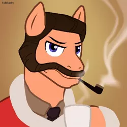 Size: 512x512 | Tagged: safe, artist:frenchfry12, artist:hazy_reply, derpibooru import, oc, oc:donut bail, unofficial characters only, earth pony, pony, clothes, coffee, male, muttonchops, simple background, smoking, soldier, solo, stallion, team fortress 2