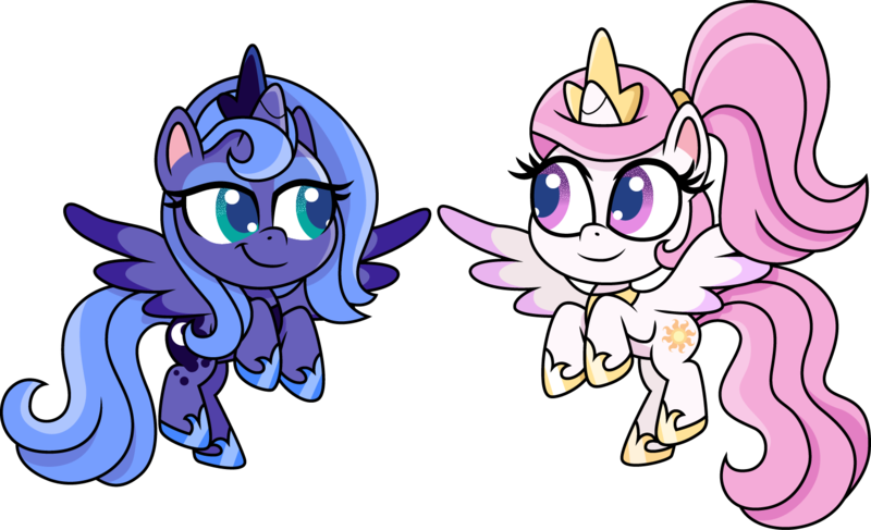 Size: 1500x914 | Tagged: safe, artist:cloudyglow, derpibooru import, princess celestia, princess luna, alicorn, pony, my little pony: pony life, cewestia, crown, cute, cutelestia, duo, duo female, eyeshadow, female, filly, flying, foal, jewelry, lidded eyes, looking at each other, lunabetes, makeup, pink-mane celestia, raised hoof, regalia, s1 luna, scrunchie, simple background, smiling, transparent background, woona, young, younger