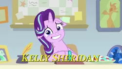 Size: 1920x1080 | Tagged: safe, derpibooru import, edit, edited screencap, screencap, starlight glimmer, pony, unicorn, student counsel, awkward smile, bracelet, female, floppy ears, food, inkwell, jewelry, kelly sheridan, looking at you, mare, photo, sitting, solo, starlight's office, text, too many cooks