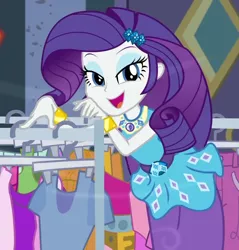 Size: 988x1035 | Tagged: safe, derpibooru import, screencap, rarity, equestria girls, equestria girls series, street chic, spoiler:eqg series (season 2), bracelet, clothes rack, cropped, cute, female, geode of shielding, jewelry, lidded eyes, looking at you, magical geodes, open mouth, raribetes, smiling, solo, wind, wind blowing