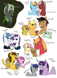 Size: 2750x3750 | Tagged: safe, artist:phobicalbino, derpibooru import, applejack, big macintosh, cheese sandwich, fancypants, fluttershy, pinkie pie, rainbow dash, rarity, twilight sparkle, twilight sparkle (alicorn), oc, oc:daredevil, oc:dust storm, oc:granite harrison rock, oc:hay bale, oc:hazelnut, oc:jonagold, oc:night glimmer, oc:orchard blossom, oc:panini patricia pie, oc:princess cicada, oc:rain buck, oc:recherché, oc:thunder tantrum, alicorn, changeling, changeling queen, earth pony, moose, pegasus, pony, unicorn, adopted offspring, canon x oc, cheesepie, colt, cowboy hat, dawn pony, doctor fluttershy, female, filly, fluttermac, foal, green changeling, hat, male, mane six, mare, next generation, offspring, parent:big macintosh, parent:cheese sandwich, parent:fancypants, parent:fluttershy, parent:oc:daredevil, parent:oc:rain buck, parent:pinkie pie, parent:rarity, parent:twilight sparkle, parents:canon x oc, parents:cheesepie, parents:fluttermac, parents:raripants, raripants, scar, shipping, simple background, stallion, straight, white background