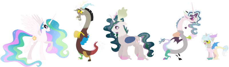 Size: 2804x831 | Tagged: safe, artist:xhalesx, derpibooru import, discord, princess celestia, oc, oc:ataxia, oc:equity, oc:utopia, draconequus, hybrid, base used, dislestia, draconequus hybrid, draconequus oc, family, female, horn, horn ring, interspecies offspring, male, offspring, parent:discord, parent:princess celestia, parents:dislestia, ring, shipping, stock vector, straight