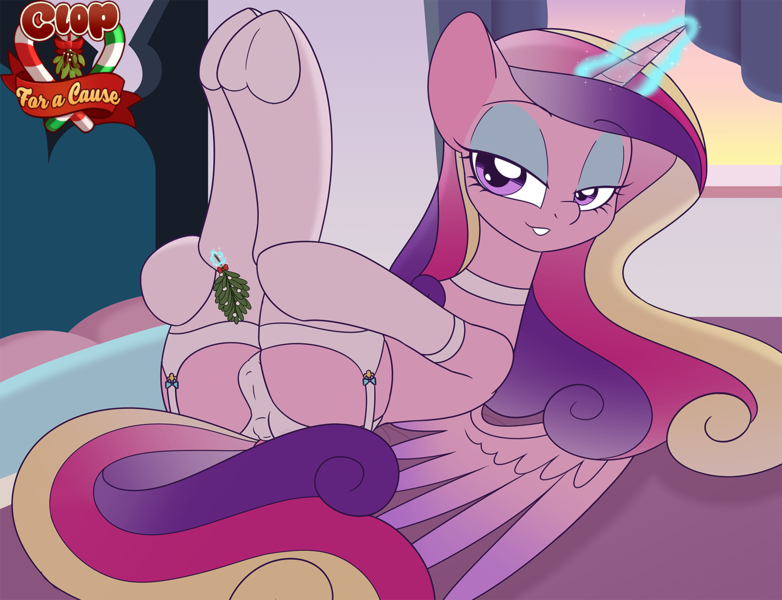 Size: 1500x1151 | Tagged: questionable, artist:sweetfilthyfun, derpibooru import, princess cadance, alicorn, pony, art pack:clop for a cause 5, bed, bedroom, bedroom eyes, butt, cameltoe, choker, clothes, female, gloves, lick my pussy, lingerie, looking at you, makeup, mare, mistletoe, mistletoe abuse, panties, plot, presenting, socks, solo, solo female, stockings, thigh highs, underwear, white underwear