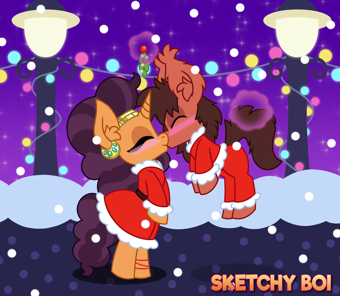 Size: 3800x3300 | Tagged: safe, artist:snakeythingy, derpibooru import, saffron masala, oc, oc:sketchy dupe, blushing, canon x oc, christmas, clothes, costume, dupala, floating, holiday, kissing, mistletoe, santa costume, sketchffron, snow, story included, unicorn magic