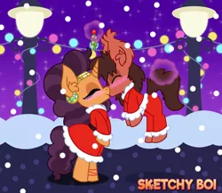 Size: 3800x3300 | Tagged: safe, artist:snakeythingy, derpibooru import, saffron masala, oc, oc:sketchy dupe, blushing, canon x oc, christmas, clothes, costume, dupala, floating, holiday, kissing, mistletoe, santa costume, sketchffron, snow, story included, unicorn magic