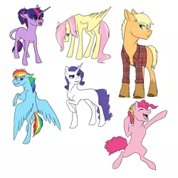 Size: 2200x2200 | Tagged: safe, artist:phobicalbino, derpibooru import, applejack, fluttershy, pinkie pie, rainbow dash, rarity, twilight sparkle, earth pony, pegasus, pony, unicorn, bandaid, braces, clothes, female, foal, mane six, raised hoof, shirt, simple background, teenager, unicorn twilight, white background