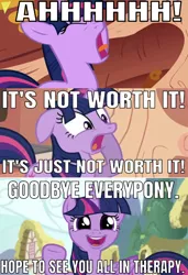 Size: 639x935 | Tagged: safe, derpibooru import, edit, edited screencap, editor:undeadponysoldier, screencap, twilight sparkle, twilight sparkle (alicorn), alicorn, pony, unicorn, series:spikebob scalepants, the ticket master, twilight's kingdom, caption, comic, female, golden oaks library, image macro, implied therapy, mare, reference, screencap comic, solo, spongebob squarepants, text, the algae's always greener, unicorn twilight