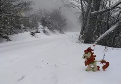 Size: 2048x1426 | Tagged: artist:hihin1993, autumn blaze, derpibooru import, forest, irl, japan, kirin in real life, photo, plushie, safe, snow, snowfall, solo, winter