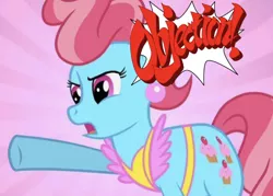 Size: 638x456 | Tagged: safe, derpibooru import, edit, edited screencap, editor:undeadponysoldier, screencap, cup cake, earth pony, pony, ace attorney, apron, clothes, ear piercing, earring, female, jewelry, mare, objection, phoenix wright, piercing, pointing, raised hoof, reference, solo, sunburst background, yelling