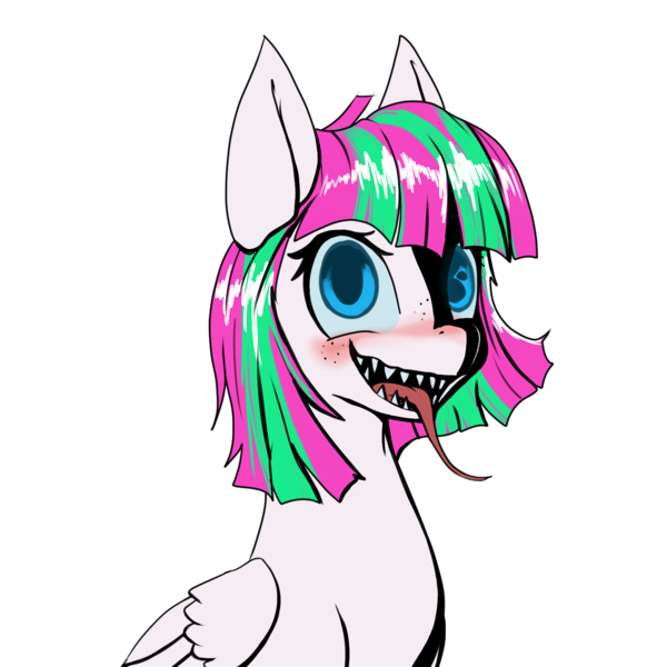 Size: 1500x1500 | Tagged: alien, artist:andromailus, blossomforth, blushing, derpibooru import, fanfic:blossomthing, monster mare, pegasus, safe, scary face, simple background, solo, strange waifu dnd, tentacles, tentacle tongue, transparent background