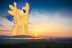 Size: 1800x1200 | Tagged: safe, artist:chainchomp2 edit, derpibooru import, flash sentry, pegasus, pony, giant pony, highrise ponies, irl, lake, macro, male, mountain, photo, ponies in real life, sunset